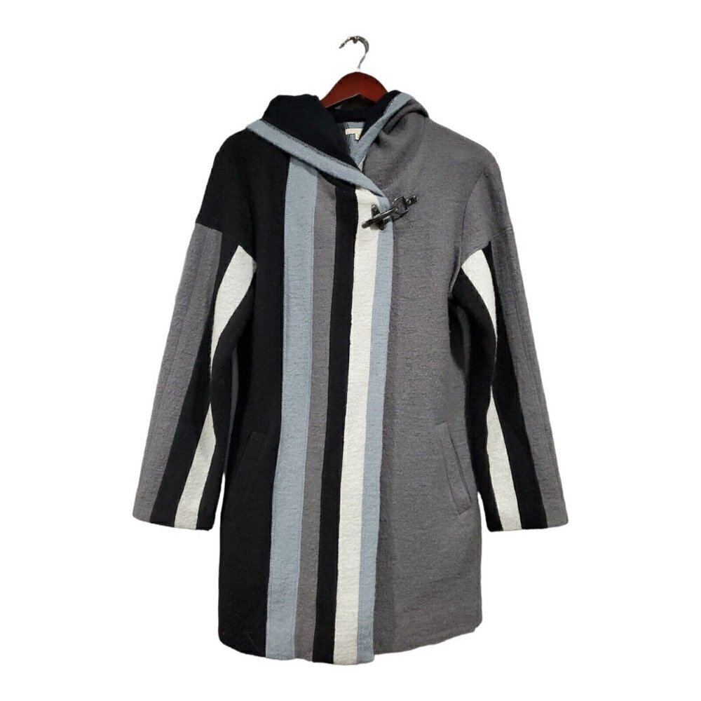 Carson Women's Gray Black Wool Striped Snap Front Hooded Jacket Buckle Size M